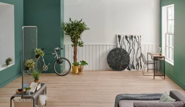 Modern ev duvarı ve oda tarzı, yeşil ve beyaz arka plan, bitki vazosu, halı tarzı.