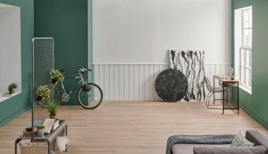 Modern ev duvarı ve oda tarzı, yeşil ve beyaz arka plan, bitki vazosu, halı tarzı.