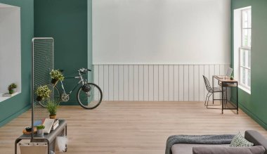 Modern ev duvarı ve oda tarzı, yeşil ve beyaz arka plan, bitki vazosu, halı tarzı.