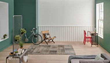 Modern ev duvarı ve oda tarzı, yeşil ve beyaz arka plan, bitki vazosu, halı tarzı.