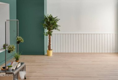 Dekoratif iç mekan konsepti, yeşil ve beyaz dekorasyon, bitki vazosu, parke ve çalışma masası tarzı.
