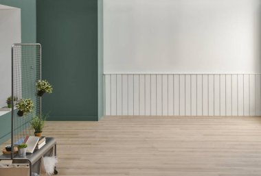 Dekoratif iç mekan konsepti, yeşil ve beyaz dekorasyon, bitki vazosu, parke ve çalışma masası tarzı.