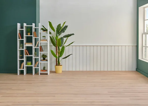 Weiße Und Grüne Wand Hintergrundzimmer Bücherregal Stuhl Vase Von Pflanzen — Stockfoto