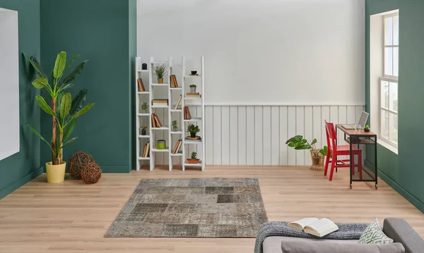 白と緑の壁の背景の部屋 植物やカーペットの寄木細工の装飾 インテリアスタイルの椅子花瓶 — ストック写真