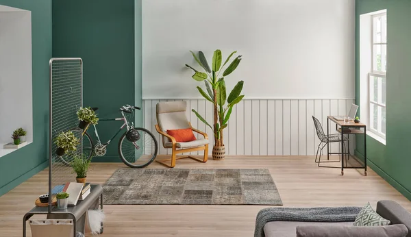 Modern Duvarı Oda Tarzı Yeşil Beyaz Arka Plan Bitki Vazosu — Stok fotoğraf