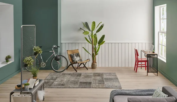 Modern Duvarı Oda Tarzı Yeşil Beyaz Arka Plan Bitki Vazosu — Stok fotoğraf