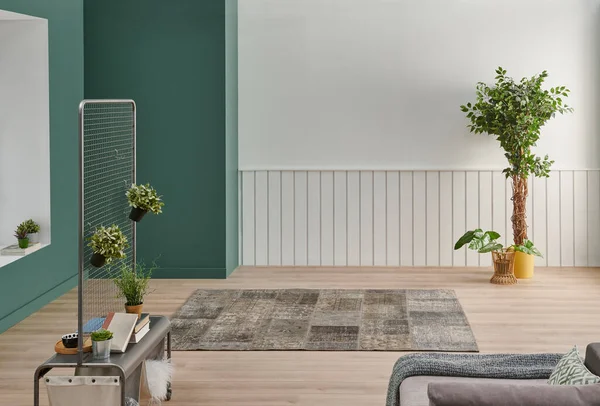 Modern ev duvarı ve oda tarzı, yeşil ve beyaz arka plan, bitki vazosu, halı tarzı.