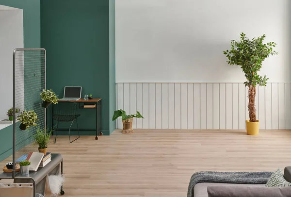 Decoratieve Interieur Concept Groene Witte Decoratie Vaas Van Planten Parket — Stockfoto