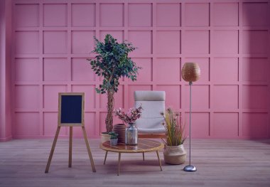 Dramatik ortam iç oda konsepti, sandalye, masa, bitki vazosu, hasır ürün ve arkaplan.