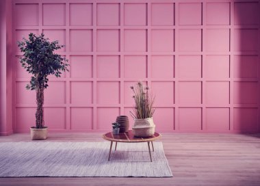 Dramatik ortam iç oda konsepti, sandalye, masa, bitki vazosu, hasır ürün ve arkaplan.