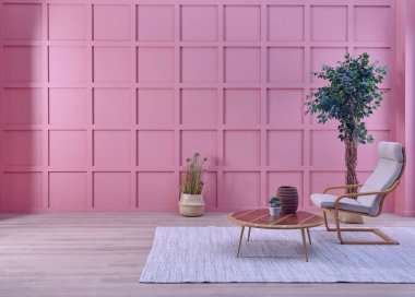 Dramatik ortam iç oda konsepti, sandalye, masa, bitki vazosu, hasır ürün ve arkaplan.