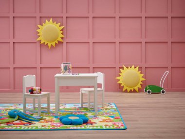 Dekoratif bebek odası, pembe duvar arka planı, bebek paspası ve halı tasarımı, çocuk mobilyası, nesne, oyuncak, asılı stili.