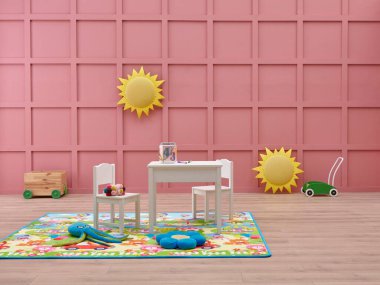 Dekoratif bebek odası, pembe duvar arka planı, bebek paspası ve halı tasarımı, çocuk mobilyası, nesne, oyuncak, asılı stili.