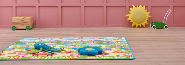 Dekorative Babyzimmer Rosa Wandhintergrund Babymatte Und Teppichdesign Kindermöbel Objekt Spielzeug — Stockfoto