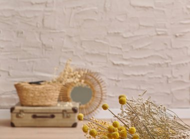 Hassas ev eşyası, çanta, vazo, ayna, bagaj, beton duvarın önüne bitki arka plan, pamuk kuru bitki, sandalye, battaniye, dekorasyon iç mekan.