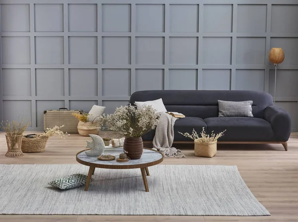 Baumwollblume Nahaufnahme Konzept Und Möbel Sofa Hintergrund Grauen Raum Interieur — Stockfoto