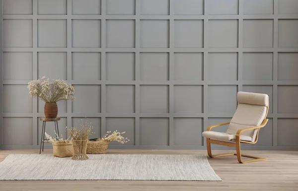 Vase Cotton Flower Wicker Chair Decoration Front Modern Grey Wall — Foto Stock
