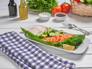 Green salad plate for menu and vegetables background style.