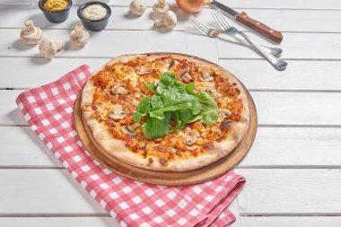 Pizza for menu style with cola and sauce background style.