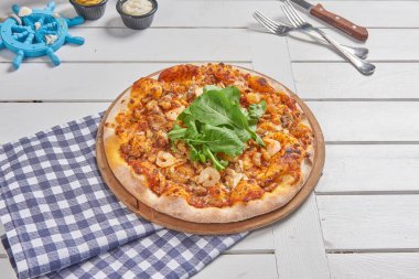 Pizza for menu style with cola and sauce background style.