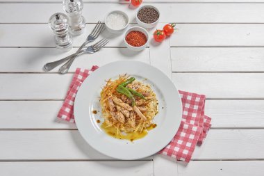 Chicken food plate and sauce background style.