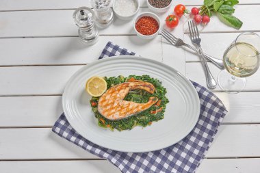 Salmon plate and sauce background style.