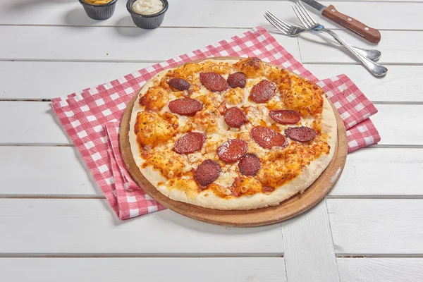 Pizza for menu style with cola and sauce background style.