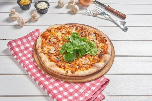 Pizza for menu style with cola and sauce background style.