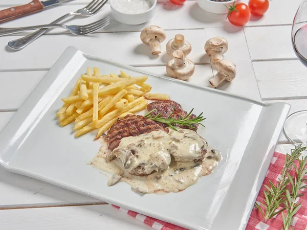 Mushroom tenderloin fried potato background for menu style.