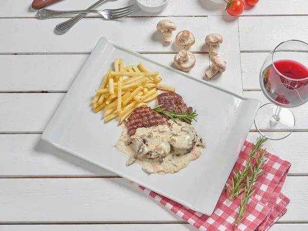 Mushroom tenderloin fried potato background for menu style.