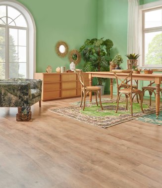 Green living room and wall background concept, wooden furniture, table, chair vase of plant and brown parquet style.