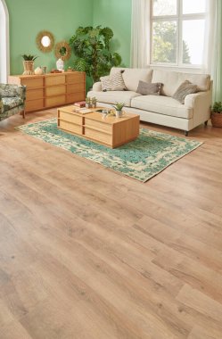 Green living room and wall background concept, wooden furniture, table, chair vase of plant and brown parquet style.
