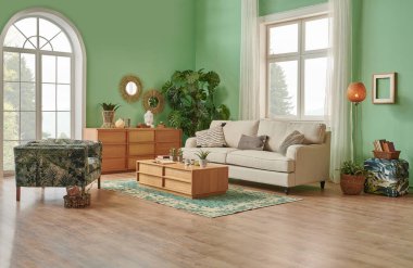 Green living room and wall background concept, wooden furniture, table, chair vase of plant and brown parquet style.