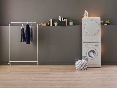 Gri duvardaki çamaşır ve kurutma makinesi arka plan, çamaşır, giysi, kanepe ve çalışma masası tarzı, minimalist iç mekan..