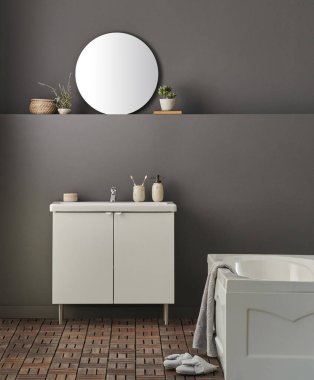 Modern banyo odası dolabı, lavabo, ayna ve küvet tarzı gri duvar fonu, vazo, bitki, çamaşır, havlu ve ahşap merdiven süslemeleri..
