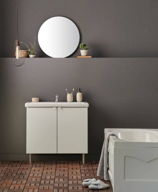 Modern banyo odası dolabı, lavabo, ayna ve küvet tarzı gri duvar fonu, vazo, bitki, çamaşır, havlu ve ahşap merdiven süslemeleri..