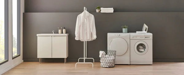 Gri Duvardaki Çamaşır Kurutma Makinesi Arka Plan Çamaşır Giysi Kanepe — Stok fotoğraf