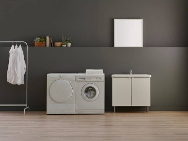Banyo, çamaşır, çamaşır ve kurutma makinesi, lavabo dolabı, ayna ve nesne, gri duvar arkaplanı.