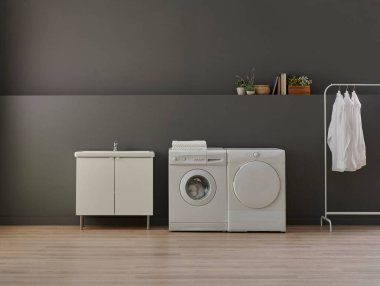 Banyo, çamaşır, çamaşır ve kurutma makinesi, lavabo dolabı, ayna ve nesne, gri duvar arkaplanı.