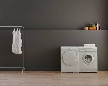 Banyo, çamaşır, askı, çamaşır makinesi, lavabo dolabı, ayna ve nesne, gri duvar arkaplanı..