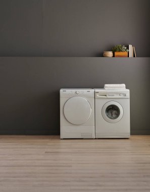 Banyo, çamaşır, çamaşır ve kurutma makinesi, lavabo dolabı, ayna ve nesne, gri duvar arkaplanı.