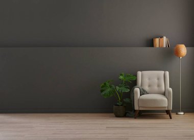 Gri duvar odası arka plan stili. Çalışma masası, koltuk ve vazo bitkiler gibi..
