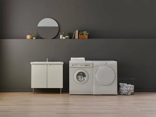 Bathroom Laundry Washing Dry Machine Sink Cabinet Mirror Object Grey — Stock Photo, Image