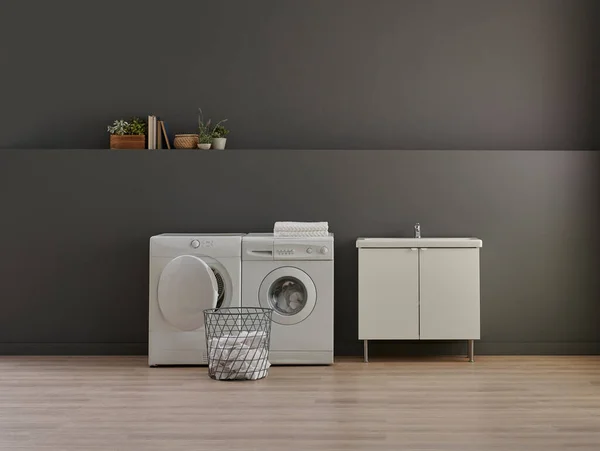 Bathroom Laundry Washing Dry Machine Sink Cabinet Mirror Object Grey — Stock Photo, Image