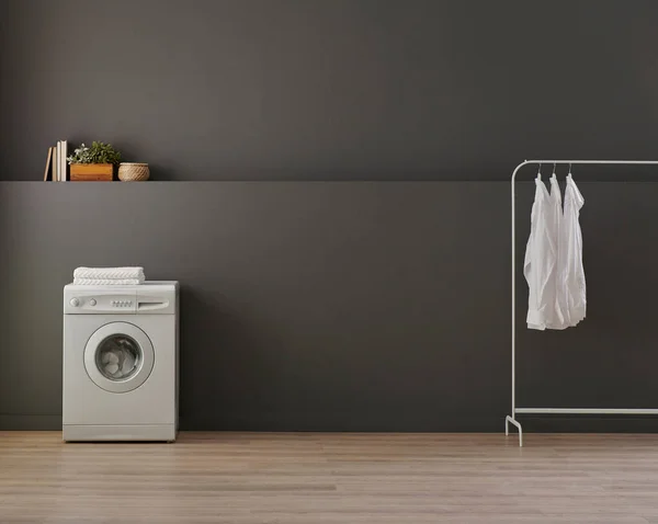 Bathroom, laundry, hanger, washing and dry machine, sink cabinet, mirror and object, grey wall background.