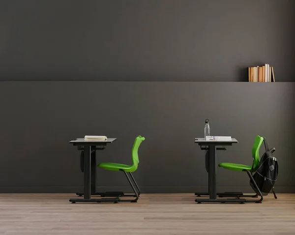 Children desk in the classroom, grey wall background, school accessory, interior, book, bag and pencil style.