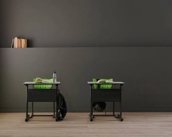 Children desk in the classroom, grey wall background, school accessory, interior, book, bag and pencil style.