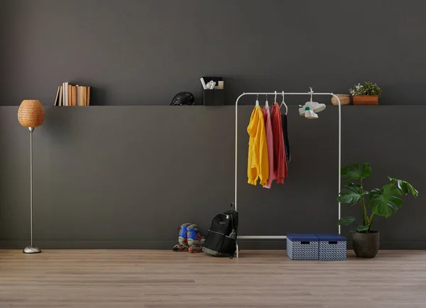 Kleding Mode Design Stijl Voorkant Van Grijze Muur Kamer Achtergrond — Stockfoto