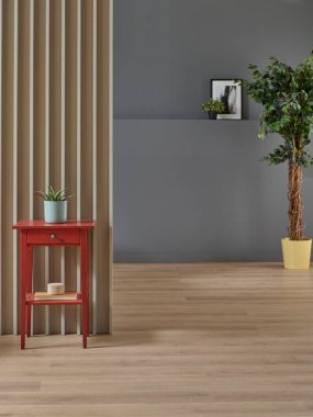 Gri ve kahverengi duvar arka plan stili, kabin, kitap ve ev aksesuarı, vazo, koltuk, battaniye asma, iç mekan dekorasyonu.