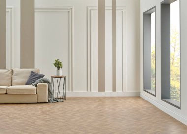 Dekoratif beyaz ve kahverengi duvar arka planı, ev tasarımı, kanepe çalışma masası, kırmızı sandalye, vazo, bitki, kitap aksesuarı, lamba, modern ahşap parkede orta masa.